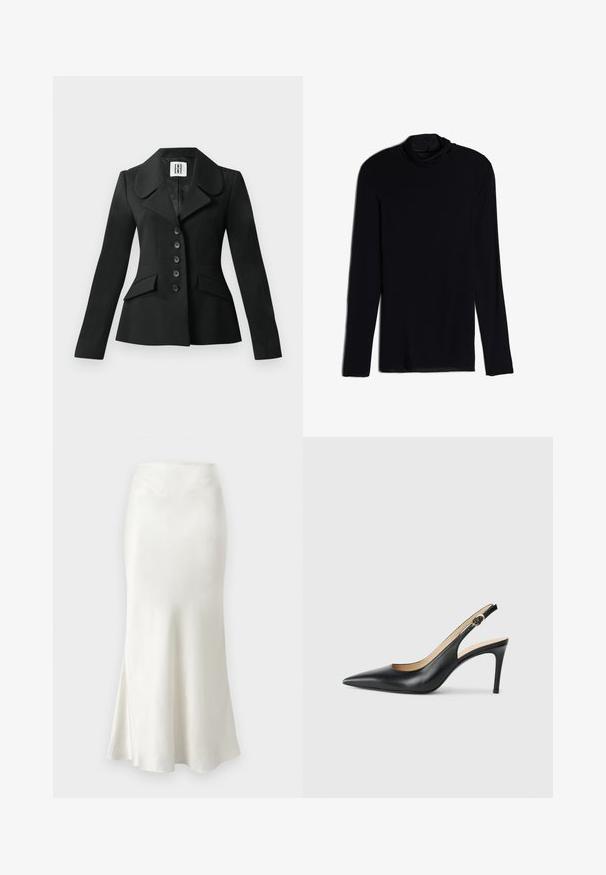 Chaqueta negra a medida con una silueta estructurada, gran cuello, seis botones y dos bolsillos frontales. Textura suave, mangas largas.; Top negro de manga larga con cuello tipo cowl, hecho de una tela suave y lisa; diseño ajustado con dobladillo recto y sin costuras visibles.; Falda midi de seda en blanco roto con dobladillo acampanado. Textura suave, cintura ajustada y detalles de costura sutiles en la parte superior.; Tacones altos negros de cuero con tirantes, punta afilada, correa ajustable y un elegante tacón de aguja, con un acabado suave.