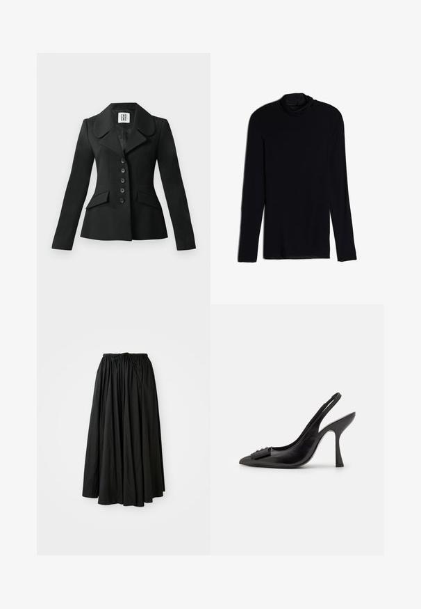 Zwarte op maat gemaakte jas met een gestructureerde silhouet, grote kraag, zes knopen en twee voorkwasten. Glad textuur, lange mouwen.; Zwarte langemouwen top met een cowlneck, gemaakt van een zachte, gladde stof; aansluitend ontwerp met rechte zoom en geen zichtbare naden.; Zwarte, enkellange rok van lichtgewicht stof. Heeft een verzamelde tailleband met een trekkoord voor een verstelbare pasvorm en een uitlopende silhout van.; Zwarte leren slingback schoen met een spitse neus, slanke hoge hak en een decoratieve strikaccent. Gladde textuur en elegant ontwerp.