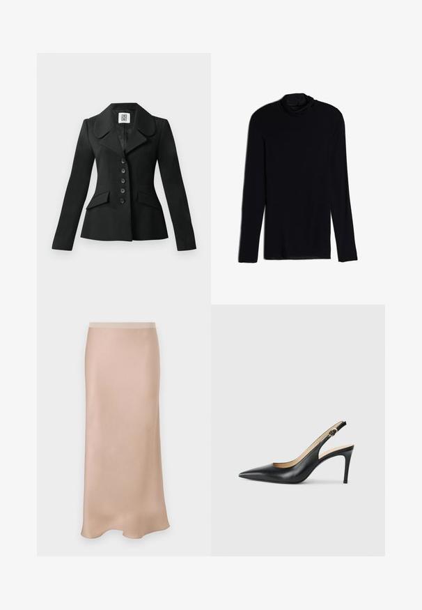 Svart skräddarsydd jacka med en strukturerad silhuett, stor krage, sex knappar och två framfickor. Slät textur, långa ärmar.; Svart långärmad topp med draperad halsringning, tillverkad av ett mjukt och glatt material; figursydd design med rak fåll och inga synliga sömmar.; Satinmidikjol i ljusbeige med en slät textur. Har en figursydd midja och en subtil A-linjeform som vidgar sig försiktigt vid fållen.; Svarta läder slingback-högklackade skor med spetsig tå, justerbar rem och en smal stilettklack, med en slät finish.