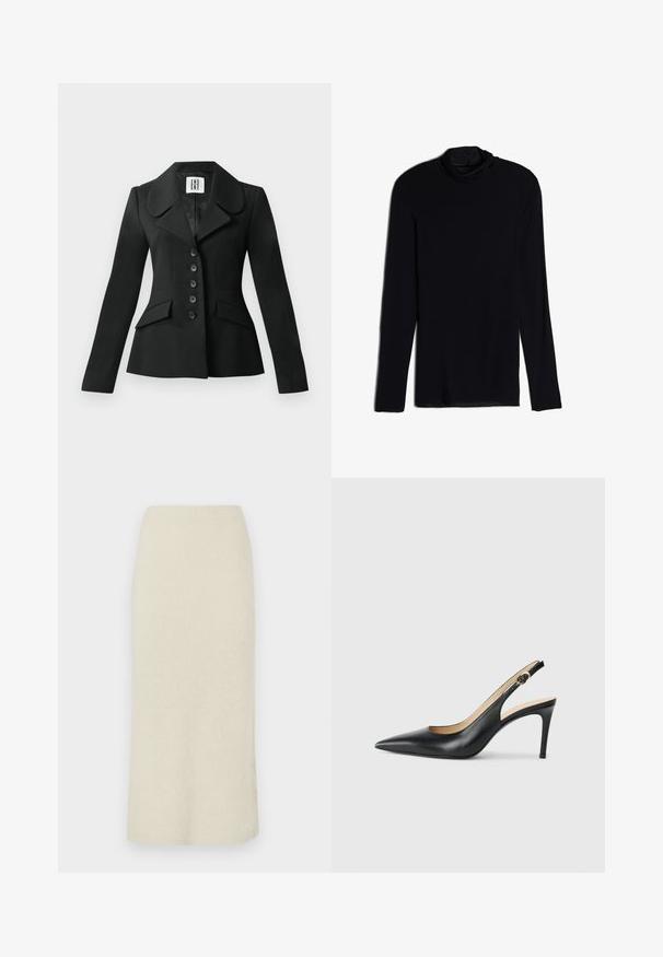 Černý sak s přizpůsobeným střihem, se strukturovanou siluetou, velkým límcem, šesti knoflíky a dvěma předními kapsami. Hladká textura, dlouhé rukávy.; Černý dlouhý rukáv top se stojáčkem, vyrobený z jemné, hladké tkaniny; přiléhavý design se rovnými lemy a bez viditelných švů.; Krémově zbarvená tužková sukně délky ke kolenům z měkké, texturované látky s vysokým pasem.; Černé kožené lodičky na podpatku s špičatou špičkou, nastavitelným páskem a elegantním jehlovým podpatkem, vyznačující se hladkým povrchem.