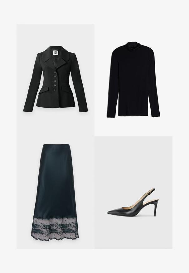 Chaqueta negra a medida con una silueta estructurada, gran cuello, seis botones y dos bolsillos frontales. Textura suave, mangas largas.; Top negro de manga larga con cuello tipo cowl, hecho de una tela suave y lisa; diseño ajustado con dobladillo recto y sin costuras visibles.; Falda midi de satén negro con dobladillo de encaje transparente que presenta bordados florales y bordes festoneados.; Tacones altos negros de cuero con tirantes, punta afilada, correa ajustable y un elegante tacón de aguja, con un acabado suave.