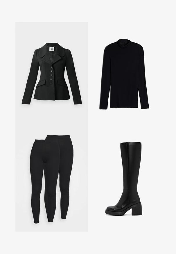 Chaqueta negra a medida con una silueta estructurada, gran cuello, seis botones y dos bolsillos frontales. Textura suave, mangas largas.; Top negro de manga larga con cuello tipo cowl, hecho de una tela suave y lisa; diseño ajustado con dobladillo recto y sin costuras visibles.; Leggings negros con una banda elástica en la cintura, hechos de una tela suave y elástica. Presentan un diseño ajustado que se estrecha en los tobillos.; Bota negra hasta la rodilla hecha de cuero liso, con un chunky bloque en el tacón y punta redonda. Detalles de costura a lo largo del costado.