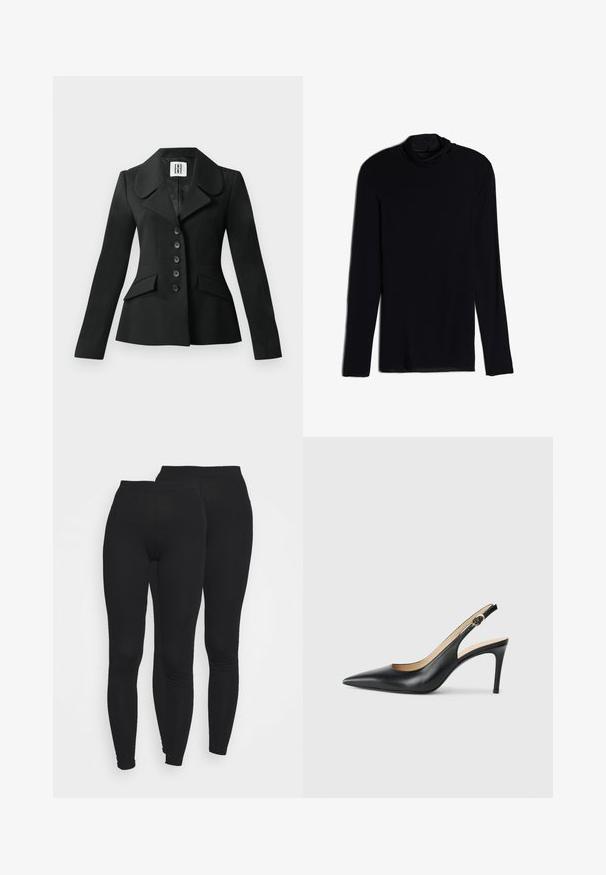 Černý sak s přizpůsobeným střihem, se strukturovanou siluetou, velkým límcem, šesti knoflíky a dvěma předními kapsami. Hladká textura, dlouhé rukávy.; Černý dlouhý rukáv top se stojáčkem, vyrobený z jemné, hladké tkaniny; přiléhavý design se rovnými lemy a bez viditelných švů.; Černé legíny s elastickým pasem, vyrobené z hladké, elastické tkaniny. Mají přiléhavý střih, který se zužuje u kotníků.; Černé kožené lodičky na podpatku s špičatou špičkou, nastavitelným páskem a elegantním jehlovým podpatkem, vyznačující se hladkým povrchem.