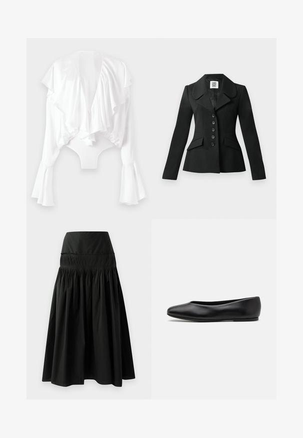 Crni sako krojenog kroja s definiranim siluetom, velikim ovratnikom, šest dugmadi i dva prednja džepa. Glatka tekstura, duge rukave.; Bijeli bodi s dubokim V-izrezom na leđima, naboranim prednjim dijelom i širokim rukavima. Izrađen od glatkog, sjajnog materijala s oblikovanim dizajnom.; Crna suknja do koljena izrađena od glatke tkanine, s prilagođenim strukom i nabranošću za punoću.; Paul Smith TOPANGA - Balerinke - black