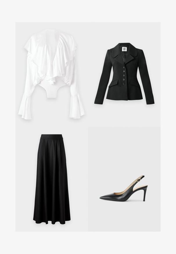 Black tailored jacket with a structured silhouette, large collar, six buttons, and two front pockets. Smooth texture, long sleeves.; White bodysuit with a deep V-back, ruffled front, and flared sleeves. Made of smooth, shiny fabric with a fitted design.; Black, floor-length skirt with a smooth texture, wide waistband, and pleated design, featuring no visible patterns or embellishments.; Black leather slingback high heels with a pointed toe, adjustable strap, and a sleek stiletto heel, featuring a smooth finish.