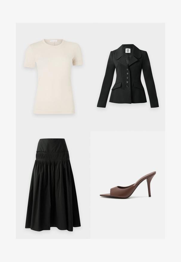 Veste noire ajustée avec une silhouette structurée, grand col, six boutons et deux poches avant. Texture lisse, manches longues.; T-shirt beige clair à manches courtes avec un col rond. Tissu en coton lisse, coupe ajustée, et un petit logo près de l'ourlet.; Jupe noire longueur genou en tissu lisse, avec une taille ajustée et un design noué pour plus de volume.; Mules à talons hauts ouverts en cuir marron avec un design épuré, dotés d'une large sangle avant et d'un talon aiguille élancé.