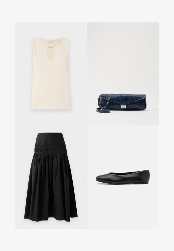 Zwarte op maat gemaakte jas met een gestructureerde silhouet, grote kraag, zes knopen en twee voorkwasten. Glad textuur, lange mouwen.; Mouwloze top van crème stof met een sleutelgat-halslijn versierd met decoratieve bladeren-vormige embellishments. Eenvoudige snit en gladde textuur.; Zwarte knielange rok van gladde stof, met een aansluitende tailleband en een geassembleerd ontwerp voor volume.; Paul Smith TOPANGA - Ballerina's - black; Marineblauwe leren clutch met een krokodillenstructuur, zilveren kettingriem en metalen sluiting. Rectangulaire vorm met een omgevouwen ontwerp.