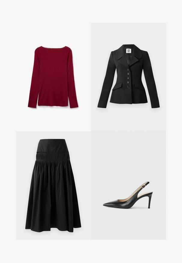Czarna marynarka o dopasowanym kroju, z wyraźnie zarysowaną sylwetką, dużym kołnierzem, sześcioma guzikami i dwoma przednimi kieszeniami. Gładka faktura, długie rękawy.; Bordowa bluzka z długim rękawem o okrągłym dekolcie, miękka struktura i luźny krój. Brak widocznych szwów lub ozdób.; Satinowa koszulka w kolorze beżowym z koronkowymi detalami przy dekolcie, z cienkimi, regulowanymi ramiączkami i gładką, błyszczącą teksturą.; Czarna spódnica do kolan wykonana z gładkiego materiału, z dopasowanym pasem i marszczonym wzorem dla większej objętości.; Czarne skórzane sandały na obcasie typu slingback z wąskim noskiem, regulowanym paskiem i smukłym obcasem szpilką, o gładkim wykończeniu.