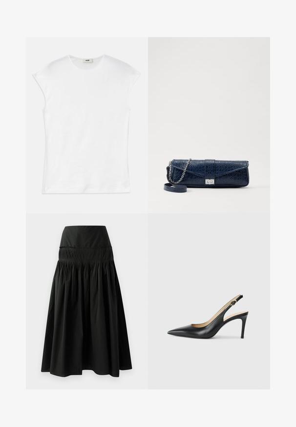 Sacou negru croit, cu o siluetă structurată, guler mare, șase nasturi și două buzunare frontale. Textură netedă, mâneci lungi.; Tricou alb cu mânecă scurtă, realizat din bumbac. Are un guler rotund și o textură netedă, moale, cu o croială lejeră. Fără modele sau accente.; Fustă neagră până la genunchi, dintr-un material neted, cu un talie ajustată și un design plisat pentru volum.; Cizme negre din piele cu toc înalt slingback, cu vârf ascuțit, curea ajustabilă și un toc stiletto elegant, având un finisaj neted.; Plică din piele de culoare bleumarin, cu textură de crocodil, curea din lanț argintie și clapetă metalică. Formă rectangulară cu design pliabil.