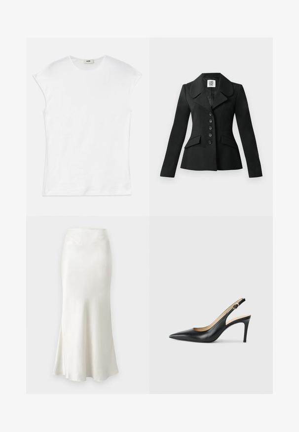 Černý sak s přizpůsobeným střihem, se strukturovanou siluetou, velkým límcem, šesti knoflíky a dvěma předními kapsami. Hladká textura, dlouhé rukávy.; Bílý krátký rukáv tričko vyrobené z bavlny. Má kulatý výstřih a hladký, měkký materiál s uvolněným střihem. Bez vzorů nebo akcentů.; Hedvábná midi sukně v odstínu slonové kosti s rozšířeným lemem. Hladká textura, přiléhavý pas a jemné švy v horní části.; Černé kožené lodičky na podpatku s špičatou špičkou, nastavitelným páskem a elegantním jehlovým podpatkem, vyznačující se hladkým povrchem.