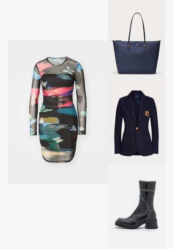 Námornícky blejzer vyrobený z textúrovaného materiálu má zlatý gombík a vyšívané logo na vrecku na hrudi. Obsahuje dve predné vrecká.; Čierne šaty s dlhým rukávom, ktoré majú kvetinový a abstraktný vzor, sieťovú štruktúru, priliehavý strih a textové akcenty v rôznych farbách.; Čierne lakované kožené členkové čižmy s bielym prešívaním, zaoblenou špičkou a blokovým podpätkom. Majú zakrivené línie dizajnu a hladkú textúru.; Námornícky modrá taška cez rameno vyrobená z texturovanej látky, s čiernymi koženými uchami a zlatými kovovými doplnkami. Zips na vrchu.