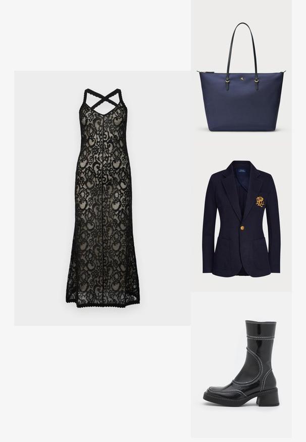 Mornarski blejzer od teksturiranog materijala sadrži zlatni dugme i izvezeni logotip na prednjem džepu. Uključuje dva prednja džepa.; Crna čipkasta maksi haljina s preklopnim trakama, koja ima cvjetni uzorak i obrub s valovitim rubom. Prozirni materijal pojačava slojeviti efekt.; Crne lakirane gležnjače s bijelim šavovima, zaobljenim vrhom i blok petom. Imaju zakrivljene dizajnerske linije i glatku teksturu.; Tamno plavi torba za rame od teksturiranog materijala, sa crnim kožnim drškama i zlatnim akcentima. Zatvaranje na patentni zatvarač na vrhu.