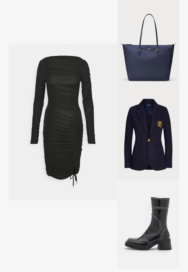 Marineblazer aus strukturiertem Stoff mit einem goldenen Knopf und einem gestickten Logo auf der Brusttasche. Verfügt über zwei Fronttaschen.; Schwarzes langärmeliges Kleid mit gerafftem Textur, mit einem quadratischen Ausschnitt und verstellbarem Saumdetail durch Kordelzug. Glatte Stoffqualität.; Schwarze Lackleder-Ankle Boots mit weißen Nähten, abgerundeter Zehe und Blockabsatz. Besitzt geschwungene Designlinien und eine glatte Textur.; Dunkelblaues Tragetasche aus strukturiertem Stoff, mit schwarzen Ledergriffen und goldenen Hardware-Details. Reißverschlussverschluss an der Oberseite.