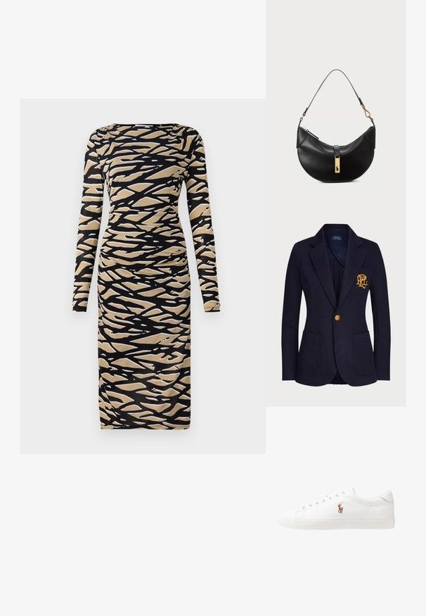 Tumesinine bleiser tekstuuriga kangast, millel on kuldne nupp ja tikitud logo rinnataskus. Sisaldab kahte esmtaskut.; Pikkade varrukatega must ja pruun kleit abstraktse laine mustriga. Valmistatud venivast kangast, pakkudes lihtsat ja keha järgivat lõiget ning ümarat kaelust.; Valged nahast tossud, madala ülaservaga disain, millel on sile tekstuur, ümar varvas, nööridega esiosa ja väike tikand logoga küljel.; Must musträik maximum ümmargune nahk kott. Omab kuldse metallist aksessuaari ja kitsast rihma. Sile tekstuur, lukuga sulgemine üleval.