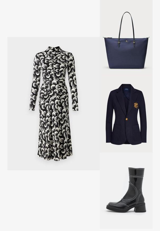 Jūras spēku žakete, izgatavota no teksturēta auduma, ar zelta pogu un izbrodētu logo krūšu kabatā. Ietver divas priekšējās kabatas.; Diane von Furstenberg EMANUELLE DRESS - Dienas kleita - moon landing; Melna lakota ādas anklets ar baltiem šuvumiem, noapaļota purngala un kvadrāta papēža. Iezīmes izliekti dizaina līnijas un gluda struktūra.; Tumši zila somiņa, izgatavota no teksturēta auduma, ar melnām ādas rokturiem un zelta krāsas aksesuāriem. Ar rāvējslēdzēja aizdari augšpusē.