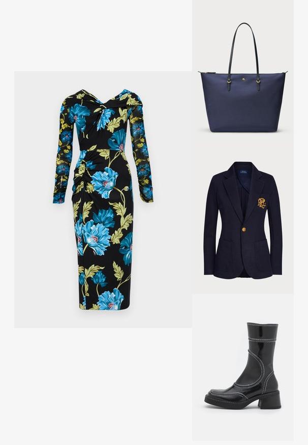 Mornarski blejzer od teksturiranog materijala sadrži zlatni dugme i izvezeni logotip na prednjem džepu. Uključuje dva prednja džepa.; Diane von Furstenberg RICH DRESS - Dnevna haljina - dark teal; Crne lakirane gležnjače s bijelim šavovima, zaobljenim vrhom i blok petom. Imaju zakrivljene dizajnerske linije i glatku teksturu.; Tamno plavi torba za rame od teksturiranog materijala, sa crnim kožnim drškama i zlatnim akcentima. Zatvaranje na patentni zatvarač na vrhu.