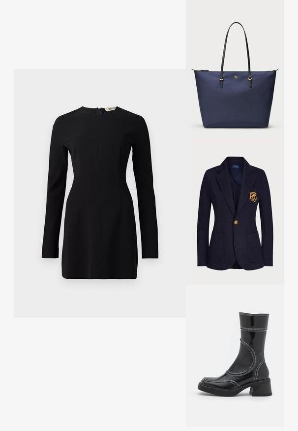 Tumesinine bleiser tekstuuriga kangast, millel on kuldne nupp ja tikitud logo rinnataskus. Sisaldab kahte esmtaskut.; Mustas pikkade varrukatega kleit kõrge kaelusega, taljejoonega ja seljaosal lukuga. Valmistatud siledast kangast, millel on minimaalsed detailid.; Must must pikkade säärega, musta lakknahast jalats, valgete õmblustega, ümarate varvaste ja plokk-kandadega. Omab kõveraid disainijoontesid ja siledat pindmääret.; Tumed sinine kott, mis on valmistatud tekstureeritud kangast, mustade nahkade käepidemete ja kuldsete detailide aksessuaaridega. Ülemine lukuga sulgemine.