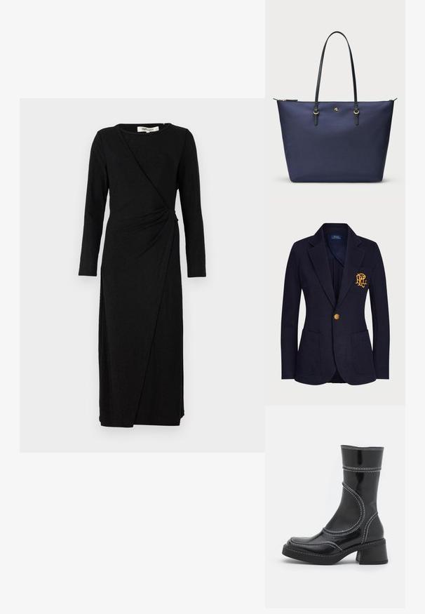 Mornarski blejzer od teksturiranog materijala sadrži zlatni dugme i izvezeni logotip na prednjem džepu. Uključuje dva prednja džepa.; Crna haljina dugih rukava koja ima omotan dizajn s uzorkom čvora u struku. Izrađena je od mekog, teksturiranog materijala s krojem srednje dužine.; Crne lakirane gležnjače s bijelim šavovima, zaobljenim vrhom i blok petom. Imaju zakrivljene dizajnerske linije i glatku teksturu.; Tamno plavi torba za rame od teksturiranog materijala, sa crnim kožnim drškama i zlatnim akcentima. Zatvaranje na patentni zatvarač na vrhu.