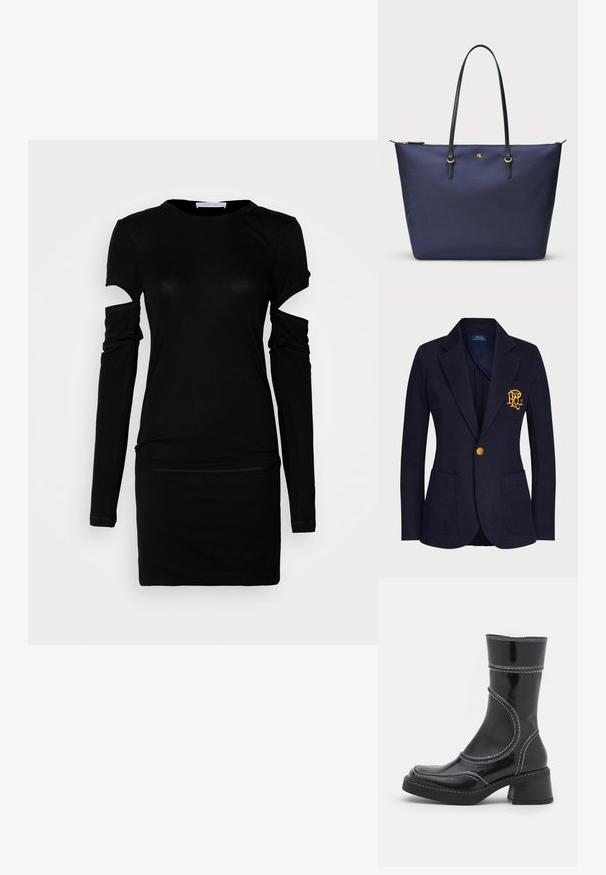Granatowy blezer wykonany z teksturowanej tkaniny, z złotym guzikiem oraz haftowanym logo na kieszeni piersiowej. Zawiera dwie kieszenie z przodu.; Helmut Lang - Sukienka z dżerseju; Czarne lakierowane botki za kostkę z białym przeszyciem, okrągłym noskiem i słupkowym obcasem. Posiadają zakrzywione linie designu oraz gładką teksturę.; Granatowa torba na ramię z teksturowanej tkaniny, z czarnymi skórzanymi uchwytami i złotymi elementami wykończenia. Zamek błyskawiczny na górze.