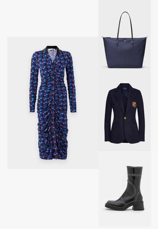Marinblazer i texturerad tyg med en guldknapp och en broderad logotyp på bröstfickan. Inkluderar två framfickor.; Långärmad klänning i ett flerfärgat rutmönster, med drapering längs kroppen, krage och knäppning med knappar.; Svart lackläder ankelboot med vit sömnad, rund tå och blockklack. Har böjda designlinjer och en slät textur.; Marinblå tote-väska gjord av texturerad tyg, med svarta läderhandtag och metallaccenter i guld. Dragkedjestängning upptill.