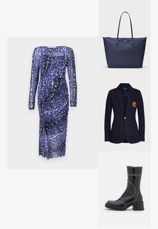 Mornarska blazer jakna iz teksturiranega blaga ima zlatorožni gumb in vezeno logo na žepu na prsih. Vsebuje dve sprednji žepi.; Prosojna vijolična obleka z dolgimi rokavi, nabrano oblikovanje, abstrakten bel vzorec in stranski razporek. Gladka tekstura blaga.; Črne lakirane gležnjarje z belim šivom, okroglo konico in blok peto. Imajo ukrivljene oblikovne črte in gladko teksturo.; Torbica v navy modri barvi, izdelana iz teksturirane tkanine, z ročaji iz črne usnje in zlatimi detajli. Zadrga na vrhu.