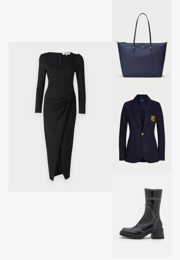 Granatowy blezer wykonany z teksturowanej tkaniny, z złotym guzikiem oraz haftowanym logo na kieszeni piersiowej. Zawiera dwie kieszenie z przodu.; Czarna sukienka z długim rękawem i kwadratowym dekoltem, z węzłem na talii oraz lekko rozkloszowanym dołem. Wykonana z gładkiego, elastycznego materiału.; Czarne lakierowane botki za kostkę z białym przeszyciem, okrągłym noskiem i słupkowym obcasem. Posiadają zakrzywione linie designu oraz gładką teksturę.; Granatowa torba na ramię z teksturowanej tkaniny, z czarnymi skórzanymi uchwytami i złotymi elementami wykończenia. Zamek błyskawiczny na górze.
