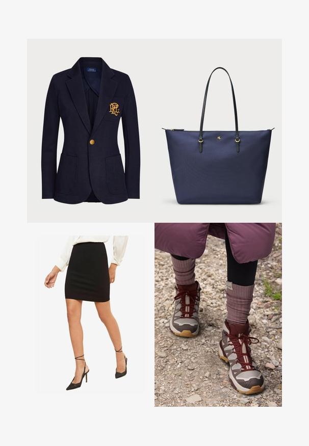 A tengerészkék blézer textúrált anyagból készült, amelyen arany gomb és hímzett logó található a mellzsebén. Két elülső zsebet tartalmaz.; Hosszú ujjú, olíva zöld ing, texturált anyagból készült, oldalsó zsebekkel és bordázott mandzsettával. Egyszerű környakú kialakítás.; Fekete, testhez simuló mini szoknya, sima anyagból, közepes derékbőséggel, fekete, hegyes orrú, bokapántos magassarkú cipőkkel párosítva.; Salomon X ULTRA 360 EDGE MID GTX - Túracipők - silver cloud/iron/rum raisin; Tengerészeti kék vászontáska strukturált anyagból, fekete bőr fogantyúkkal és arany színű fém kiegészítőkkel. Cipzáras záródás a tetején.; Lauren Ralph Lauren CREST BANGLE - Karkötő - gold-coloured/tort