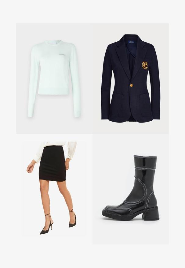 Mėlynas bleiseris, pagamintas iš tekstūruotos medžiagos, turi auksinį mygtuką ir išsiuvinėtą logotipą krūtinės kišenėje. Įrengtos dvi priekinės kišenės.; Mėtų žalios spalvos megztinis, pagamintas iš minkštos medžiagos, su ilgomis rankovėmis, raukšlėtu kaklu ir rankogaliais ir mažuoju išsiuvinėtu logotipu ant krūtinės.; Juoda prigludusi mini sijonas, lygus audinys, vidutinio aukščio juosmuo, derinamas su juodais aštriais aukštakulniais, turinčiais kulkšnies dirželius.; Juodo lakuoto odos kulkšninis batas su baltomis siūlėmis, apvaliu pirštu ir blokuotu kulnu. Ypatinasi išlenktomis dizaino linijomis ir lygia tekstūra.