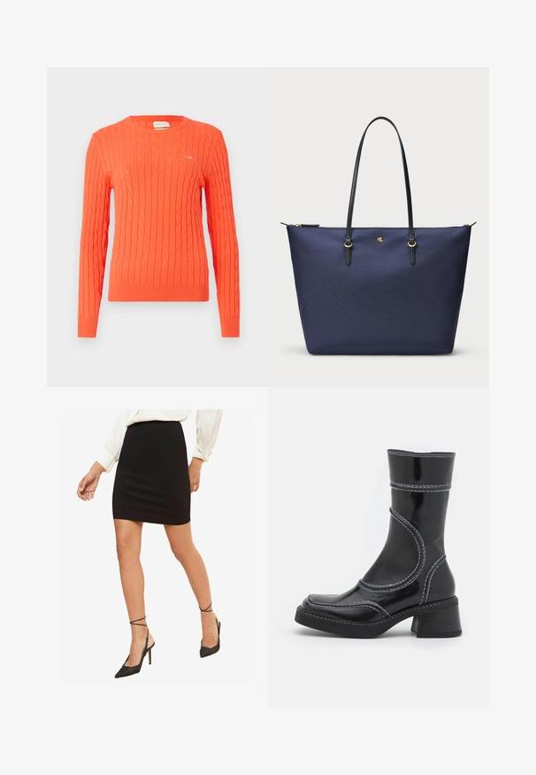 Blazer bleumarin dintr-un material texturat, dotat cu un buton auriu și un logo brodat pe buzunarul de la piept. Include două buzunare frontale.; Pulover tricotat de culoare portocalie, cu un model în cablu, guler rotund și manșete cu boltă. Prezintă un mic logo pe piept.; Fustă mini neagră, ajustată, dintr-un material neted, cu talie medie, purtată împreună cu pantofi cu toc înalt, vârful ascuțit, negri, cu bretele pentru gleznă.; Cizmă ankle din piele patent neagră cu cusături albe, vârf rotund și toc pătrat. Prezintă linii de design curbe și o textură netedă.; Geantă de umăr bleu marin, fabricată dintr-un material texturat, cu mânere din piele neagră și accesorii din aur. Închidere cu fermoar în partea superioară.