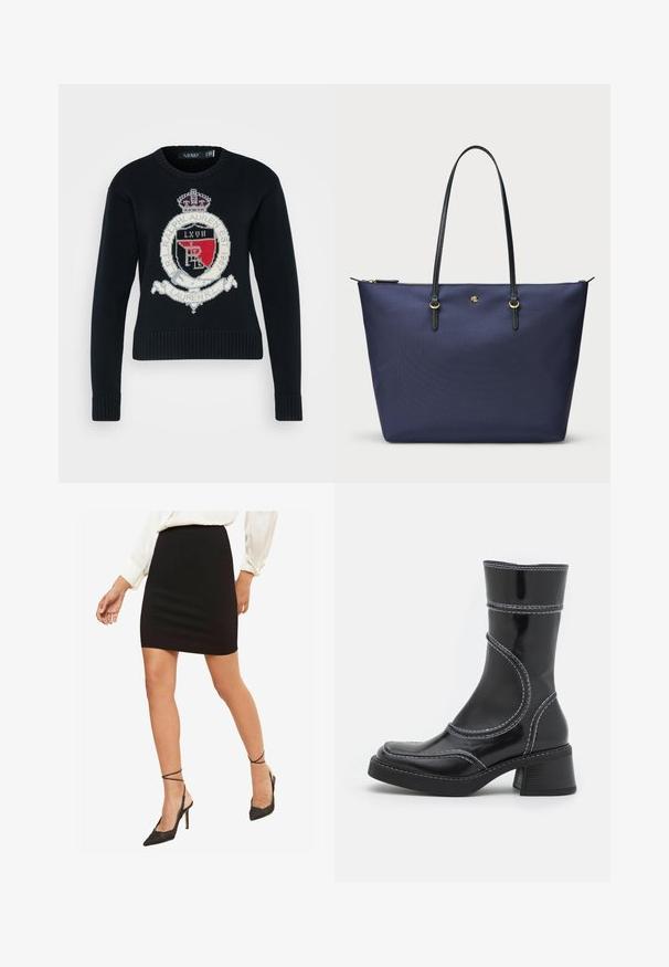 Mornarski blejzer od teksturiranog materijala sadrži zlatni dugme i izvezeni logotip na prednjem džepu. Uključuje dva prednja džepa.; Lauren Ralph Lauren Petite RIEDNEE LONG SLEEVE - Vesta - black multi; Crna uska mini suknja, glatka tkanina, srednji struk, uparena s crnim visokom potpeticama s ojačanim remenima oko skočnih zapešća.; Crne lakirane gležnjače s bijelim šavovima, zaobljenim vrhom i blok petom. Imaju zakrivljene dizajnerske linije i glatku teksturu.; Tamno plavi torba za rame od teksturiranog materijala, sa crnim kožnim drškama i zlatnim akcentima. Zatvaranje na patentni zatvarač na vrhu.