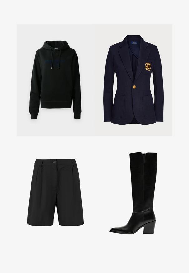 Blazer bleumarin dintr-un material texturat, dotat cu un buton auriu și un logo brodat pe buzunarul de la piept. Include două buzunare frontale.; Hanorac negru din amestec de bumbac; dispune de un logo frontal în albastru închis, glugă cu șnur și manșete și margine ribbate. Textură fină.; Șorturi negre cu un design ajustat, prezentând pliuri frontale, față netedă și închidere cu un singur buton. Textură de țesătură netedă.; Cizme negre până la genunchi, fabricate din piele netedă, cu vârf ascuțit, toc pătrat și o decupare în formă de V în partea de sus.