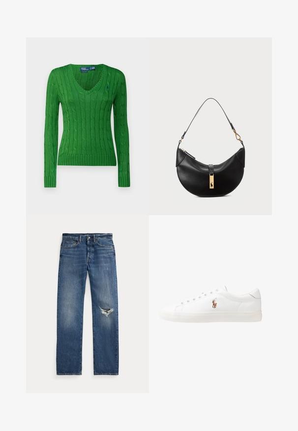 Blazer azul-marinho feito de tecido texturizado, apresenta um botão dourado e um logótipo bordado no bolso do peito. Inclui dois bolsos frontais.; Polo Ralph Lauren CABLE KNIT COTTON V NECK SWEATER - Camisola - fiji green; Polo azul-marinho feito de algodão, com mangas curtas, gola de três botões e um logótipo bordado vermelho no lado esquerdo do peito.; Jeans de denim azul com uma cintura de altura média, cinco bolsos e um rasgado desfiado no joelho direito.; Sapatilhas de couro brancas, design de cano baixo, com textura suave, biqueira redonda, atacadores à frente e um pequeno logótipo bordado na lateral.; Bolsa de couro preto em forma de meia-lua. Apresenta um detalhe em metais dourados e uma alça estreita. Textura suave, fechamento em zíper na parte superior.