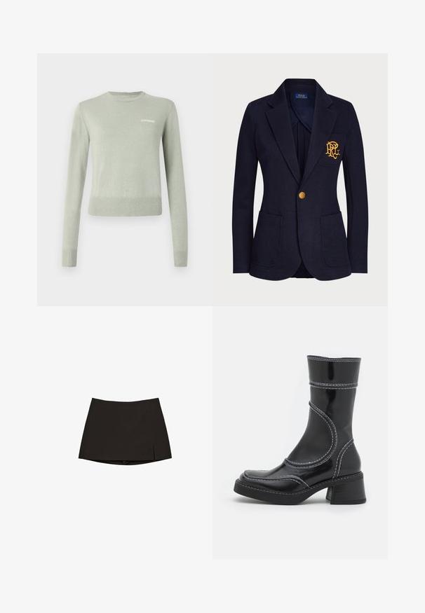 Mornarska blazer jakna iz teksturiranega blaga ima zlatorožni gumb in vezeno logo na žepu na prsih. Vsebuje dve sprednji žepi.; Svetlo zelena pletena jopica z dolgimi rokavi, okroglim izrezom in rebrastimi naramnicami ter koncem. Na prsih je bela vezenina logotipa.; Črna mini krila s ravnim krojem in rahlo stransko odprtino. Narejena iz gladkega materiala, ima čist rob in minimalističen dizajn.; Črne lakirane gležnjarje z belim šivom, okroglo konico in blok peto. Imajo ukrivljene oblikovne črte in gladko teksturo.
