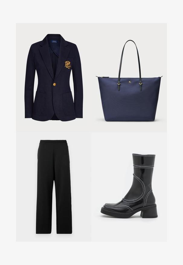 Námornícky blejzer vyrobený z textúrovaného materiálu má zlatý gombík a vyšívané logo na vrecku na hrudi. Obsahuje dve predné vrecká.; Svetlomodrá košeľa na gombíky vyrobená z bavlneného zmesi s dlhými rukávmi, klasickým golierom a mierne zakriveným lemom; obsahuje biele gombíky.; Čierne nohavice s širokými nohavicami vyrobené z mäkkej látky, s elastickým pásom a hladkým povrchom bez vzorov alebo akcentov.; Čierne lakované kožené členkové čižmy s bielym prešívaním, zaoblenou špičkou a blokovým podpätkom. Majú zakrivené línie dizajnu a hladkú textúru.; Námornícky modrá taška cez rameno vyrobená z texturovanej látky, s čiernymi koženými uchami a zlatými kovovými doplnkami. Zips na vrchu.