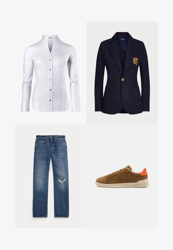 Marineblauwe blazer van textuurstof met een gouden knoop en een geborduurd logo op de borstzak. Inclusief twee voorkanten zakken.; Witte lange mouwen blouse met een hoge kraag, getailleerd ontwerp, gladde textuur en zes zwarte knopen aan de voorkant.; Blauwe spijkerbroeken met een middelhoge taille, vijf zakken en een rafelachtig gat op de rechterknie.; Bruine suède sneaker met een crème rubberen zool, met oranje accenten bij de hiel en een klein logo-detail aan de zijkant.