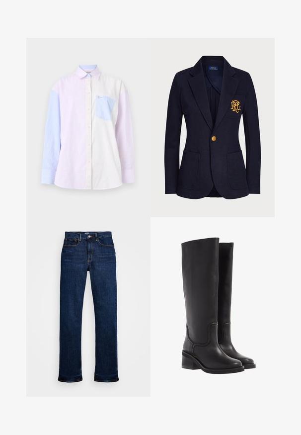 Námornícky blejzer vyrobený z textúrovaného materiálu má zlatý gombík a vyšívané logo na vrecku na hrudi. Obsahuje dve predné vrecká.; Prúžkovaná košeľa s farebnými blokmi v svetlo fialovej, modrej a bielej farbe. Má zapínanie na gombíky vpredu, golier a náprsné vrecko s modrým prúžkom.; Tmavomodré džíny z denimu so strihom rovného nohu, obsahujúce päť vreciek, mosadzné švy a klasické zapínanie na gombík.; Čierne kožené čižmy po kolená s hladkou textúrou, zaoblenou špičkou a hrubým podpätkom. Obsahujú jemné švy a elegantný design.