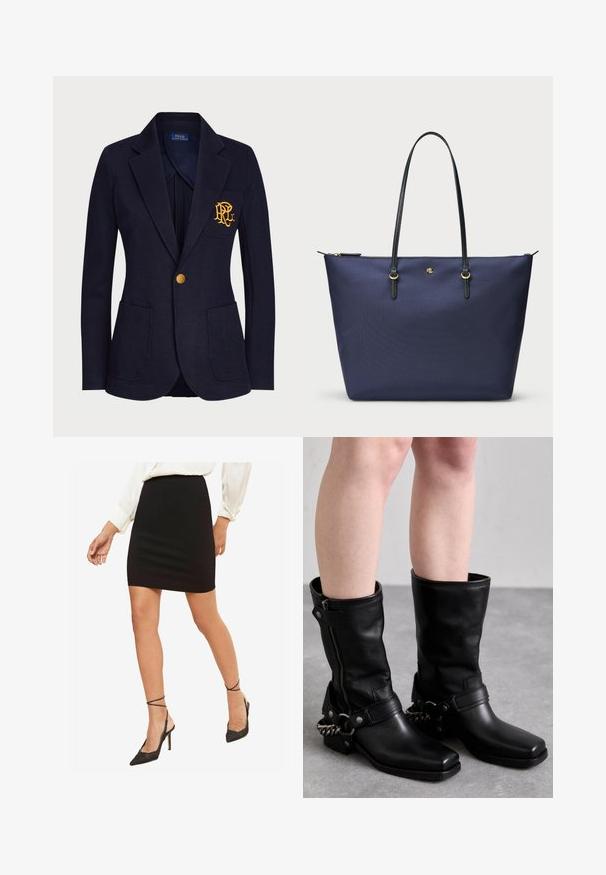 A tengerészkék blézer textúrált anyagból készült, amelyen arany gomb és hímzett logó található a mellzsebén. Két elülső zsebet tartalmaz.; Fekete, hosszú ujjas felső áttetsző, rugalmas anyagból. Oldalán ráncolt részletek találhatók, és kerek nyakkivágású.; Fekete, testhez simuló mini szoknya, sima anyagból, közepes derékbőséggel, fekete, hegyes orrú, bokapántos magassarkú cipőkkel párosítva.; Fekete bőr, térd fölé érő csizmák, négyzet alakú orral, oldalsó cipzárral és állítható pánttal, melyen fém lánc díszítés található. Matt felület és tartós talp jellemzi.; Tengerészeti kék vászontáska strukturált anyagból, fekete bőr fogantyúkkal és arany színű fém kiegészítőkkel. Cipzáras záródás a tetején.