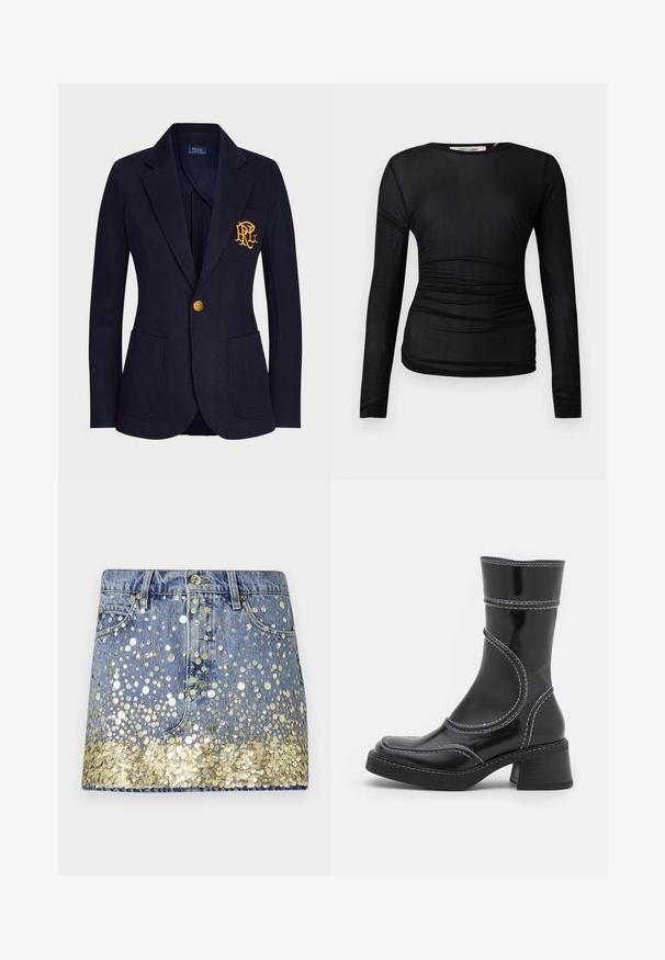 Navy blejzr vyrobený z texturované tkaniny má zlatý knoflík a vyšitý logo na náprsní kapse. Obsahuje dvě přední kapsy.; Černý dlouhý rukáv top vyrobený z jemné, pružné látky. Má zúžené detaily po stranách a kulatý výstřih.; Džínová sukně v odstínu vybledlé modré, zdobená zlatými flitry na spodním okraji, které vytvářejí gradientový efekt. Design s pěti kapsami a zapínáním na knoflík.; Černé lakované kotníkové boty s bílým prošíváním, kulatou špičkou a blokovým podpatkem. Charakteryzují se zakřivenými designovými liniemi a hladkým povrchem.