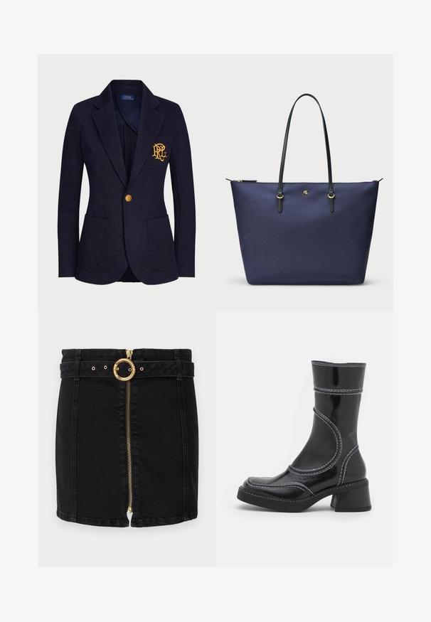 Blazer bleumarin dintr-un material texturat, dotat cu un buton auriu și un logo brodat pe buzunarul de la piept. Include două buzunare frontale.; Top negru cu mânecă lungă dintr-un material transparent și elastic. Prezentă detalii rugite pe laturi și un gât rotund.; Fustă din denim negru cu o cataramă metalică circulară aurie, fermoar la față și bucle pentru curea. Are un design ajustat și o margine dreaptă.; Cizmă ankle din piele patent neagră cu cusături albe, vârf rotund și toc pătrat. Prezintă linii de design curbe și o textură netedă.; Geantă de umăr bleu marin, fabricată dintr-un material texturat, cu mânere din piele neagră și accesorii din aur. Închidere cu fermoar în partea superioară.