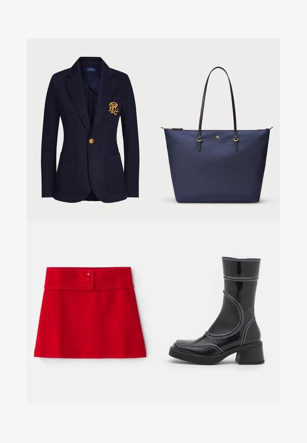 A tengerészkék blézer textúrált anyagból készült, amelyen arany gomb és hímzett logó található a mellzsebén. Két elülső zsebet tartalmaz.; Fekete, hosszú ujjas felső áttetsző, rugalmas anyagból. Oldalán ráncolt részletek találhatók, és kerek nyakkivágású.; Simára szabott, piros szoknya sima anyagból, széles derékrésszel, három rózsaszín gombbal és hemzsegő alsó szélekkel.; Fekete lakkbőr bokacsizma fehér varrással, kerek orral és blokk sarkal. Görbült formai vonalakkal és sima textúrával rendelkezik.; Tengerészeti kék vászontáska strukturált anyagból, fekete bőr fogantyúkkal és arany színű fém kiegészítőkkel. Cipzáras záródás a tetején.