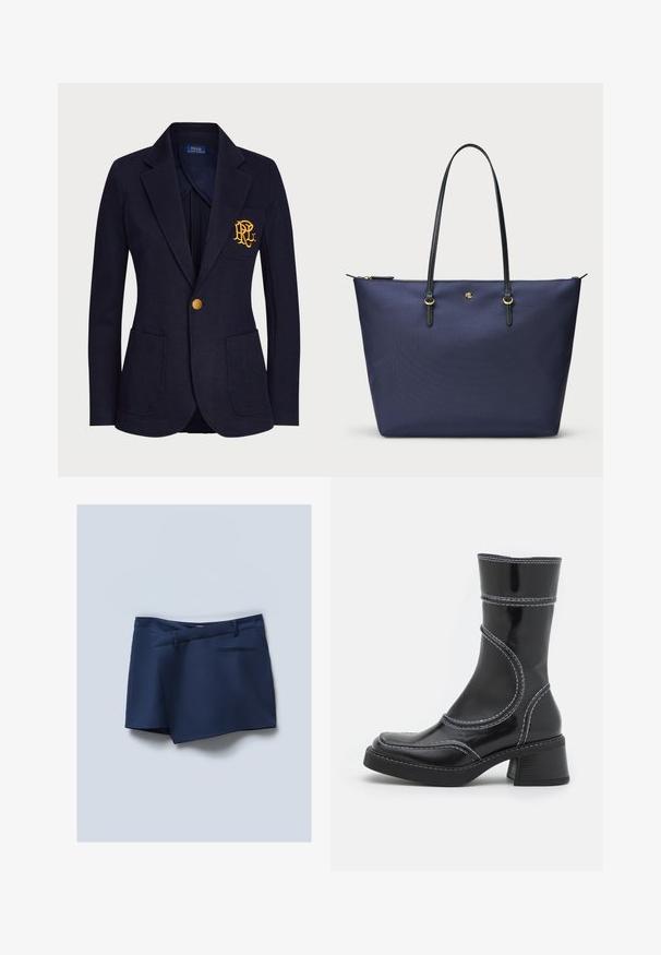 Mėlynas bleiseris, pagamintas iš tekstūruotos medžiagos, turi auksinį mygtuką ir išsiuvinėtą logotipą krūtinės kišenėje. Įrengtos dvi priekinės kišenės.; Juodas ilgomis rankovėmis viršus, pagamintas iš permatomo, elastingo audinio. Papuoštas susiraukšlėjimu iš šonų ir turi apvalų iškirpimą.; Tamsiai mėlynos šortai su lygiu priekiu, šoninėmis kišenėmis ir viena gale. Lygus audinys su pritaikytu įvaizdžiu ir siūlėmis akcentais.; Juodo lakuoto odos kulkšninis batas su baltomis siūlėmis, apvaliu pirštu ir blokuotu kulnu. Ypatinasi išlenktomis dizaino linijomis ir lygia tekstūra.; Tamsiai mėlyna pirkinių lagaminas, pagamintas iš tekstūruotos medžiagos, su juodais odiniais rankenėlėmis ir auksiniais akcentais. Užtrauktuko uždarymas viršuje.