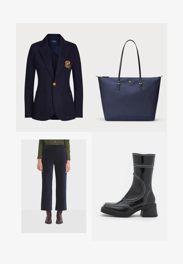Granatowy blezer wykonany z teksturowanej tkaniny, z złotym guzikiem oraz haftowanym logo na kieszeni piersiowej. Zawiera dwie kieszenie z przodu.; Czarny, długi rękaw top wykonany z przezroczystej, elastycznej tkaniny. Charakteryzuje się marszczeniami po bokach oraz okrągłym dekoltem.; Kobieta ubrana w granatowe spodnie z wysokim stanem i szerokimi nogawkami o ryflowanej teksturze, w połączeniu z ciemnobrązowymi botkami do kostki oraz wzorzystą koszulą.; Czarne lakierowane botki za kostkę z białym przeszyciem, okrągłym noskiem i słupkowym obcasem. Posiadają zakrzywione linie designu oraz gładką teksturę.; Granatowa torba na ramię z teksturowanej tkaniny, z czarnymi skórzanymi uchwytami i złotymi elementami wykończenia. Zamek błyskawiczny na górze.