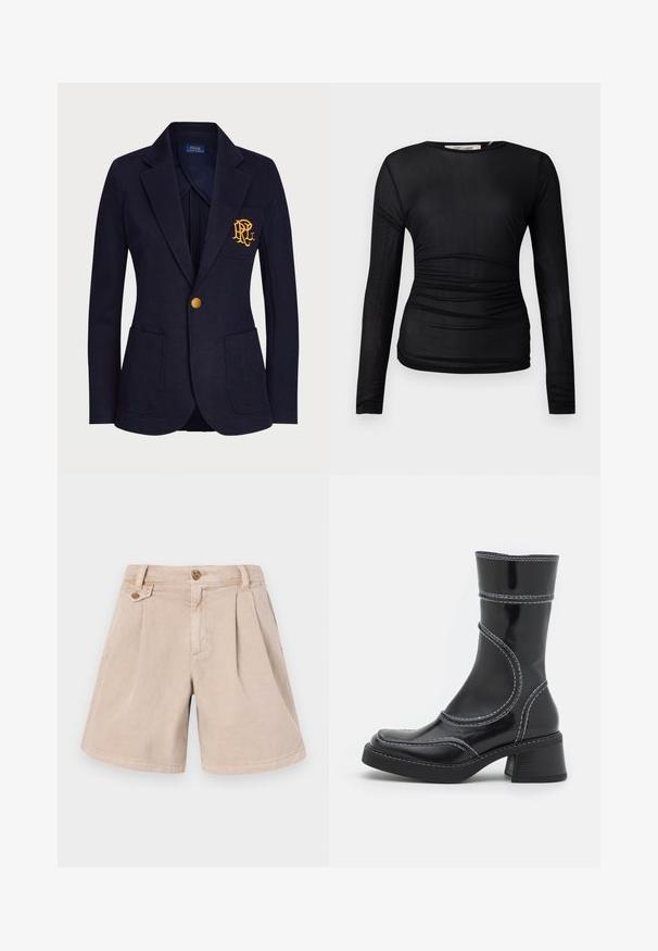 A tengerészkék blézer textúrált anyagból készült, amelyen arany gomb és hímzett logó található a mellzsebén. Két elülső zsebet tartalmaz.; Fekete, hosszú ujjas felső áttetsző, rugalmas anyagból. Oldalán ráncolt részletek találhatók, és kerek nyakkivágású.; Beige pamut rövidnadrág pliszírozott dizájnnal, két elülső zsebbel, egyenes szabással és egy gombos derékkal.; Fekete lakkbőr bokacsizma fehér varrással, kerek orral és blokk sarkal. Görbült formai vonalakkal és sima textúrával rendelkezik.