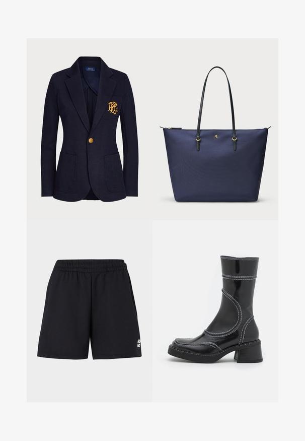 Mornarski blejzer od teksturiranog materijala sadrži zlatni dugme i izvezeni logotip na prednjem džepu. Uključuje dva prednja džepa.; Crna majica s dugim rukavima izrađena od prozirnog, rastezljivog materijala. Ima naćužene detalje uz strane i okrugli dekolte.; Crne kratke hlače s elastičnom trakom, izrađene od mekog materijala. Imaju mali bijeli logo "HUGO" na donjoj lijevoj strani.; Crne lakirane gležnjače s bijelim šavovima, zaobljenim vrhom i blok petom. Imaju zakrivljene dizajnerske linije i glatku teksturu.; Tamno plavi torba za rame od teksturiranog materijala, sa crnim kožnim drškama i zlatnim akcentima. Zatvaranje na patentni zatvarač na vrhu.