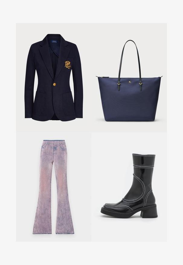 Marineblazer lavet af tekstureret stof har en guldknap og et broderet logo på brystlommen. Inkluderer to frontlommer.; Sort langærmet top lavet af et gennemsigtigt, elastisk stof. Har rynke-detaljer langs siderne og en rund halsudskæring.; Udsvingede jeans i en gradient fra pastelpink til lilla med en falmet struktur. Har en elastisk talje og fem lomme-design.; Sort patenteret læder ankelstøvle med hvid stikning, rund tå og blokhæl. Har buede designlinjer og en glat tekstur.; Marineblå tote taske lavet af tekstureret stof, med sorte læderhåndtag og guldfarvede hardware detaljer. Lynlås lukning øverst.