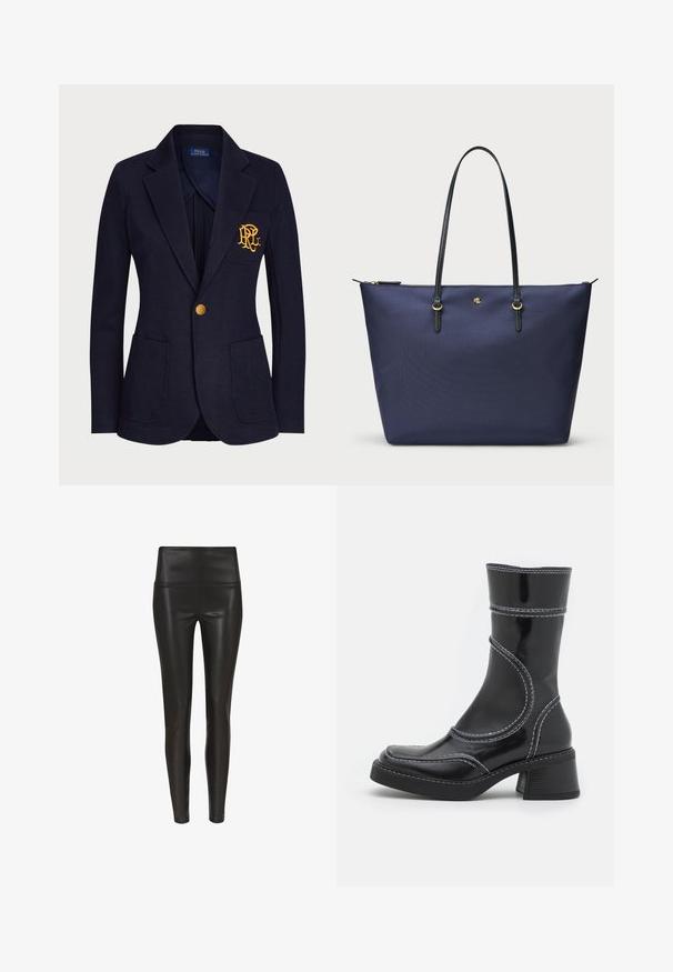 Tumesinine bleiser tekstuuriga kangast, millel on kuldne nupp ja tikitud logo rinnataskus. Sisaldab kahte esmtaskut.; Must have pikkade varrukatega pluus, mis on valmistatud läbipaistvast, venivast kangast. Küljel on kokkurüüping ja ümmargune kaelus.; Kõrge vöökohaga mustad kunstnahast legginsid, millel on sile ja läikiv viimistlus ning keha lähedane siluett, mis kitseneb pahkluule. Nähtavad õmblused puuduvad.; Must must pikkade säärega, musta lakknahast jalats, valgete õmblustega, ümarate varvaste ja plokk-kandadega. Omab kõveraid disainijoontesid ja siledat pindmääret.; Tumed sinine kott, mis on valmistatud tekstureeritud kangast, mustade nahkade käepidemete ja kuldsete detailide aksessuaaridega. Ülemine lukuga sulgemine.