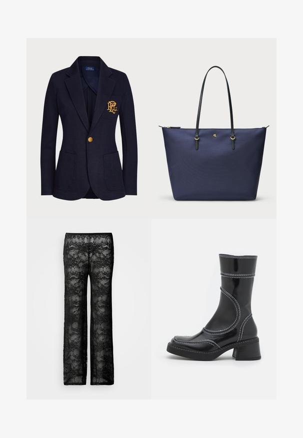 Merimies bleiseri, joka on valmistettu tekstuurikankaasta, sisältää kultanapin ja brodeeratun logon rinnataskussa. Mukana on kaksi etutaskua.; Musta pitkähihainen paita, joka on valmistettu läpinäkyvästä, joustavasta kankaasta. Sisältää rypytyksellä varustettuja yksityiskohtia sivuilla ja pyöreän kaula-aukon.; Musta pitsihousut, joissa on läpikuultava muotoilu, kukkakuvioita ja leveä lahje, näyttäen herkän ja teksturoidun ulkonäön.; Musta lakattu nahkasaapas nilkkamallissa, jossa on valkoiset ompeleet, pyöreä kärki ja lohkarekorko. Ominaisuuksiin kuuluvat kaarevat muotoilulinjat ja sileä pinta.; Tummansininen kassi, joka on valmistettu teksturoidusta kankaasta, mustilla nahkahandleilla ja kultaisilla yksityiskohdilla. Vetoketjukiinnitys ylhäällä.