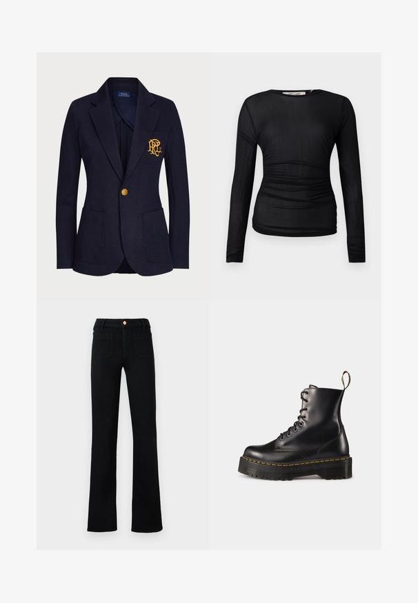 Marineblauwe blazer van textuurstof met een gouden knoop en een geborduurd logo op de borstzak. Inclusief twee voorkanten zakken.; Zwart lang mouwtop gemaakt van een doorschijnende, rekbare stof. Kenmerken ruches langs de zijkanten en een ronde halslijn.; Zwarte hoge taille straight-leg jeans met voorzakken en een koperen knoopsluiting op een neutrale achtergrond.; Zwarte leren veterschoenen tot de enkel met een robuuste zwarte zool en gele stiksels. Kenmerkend zijn de trekloop aan de achterkant en de ronde metalen oogjes.