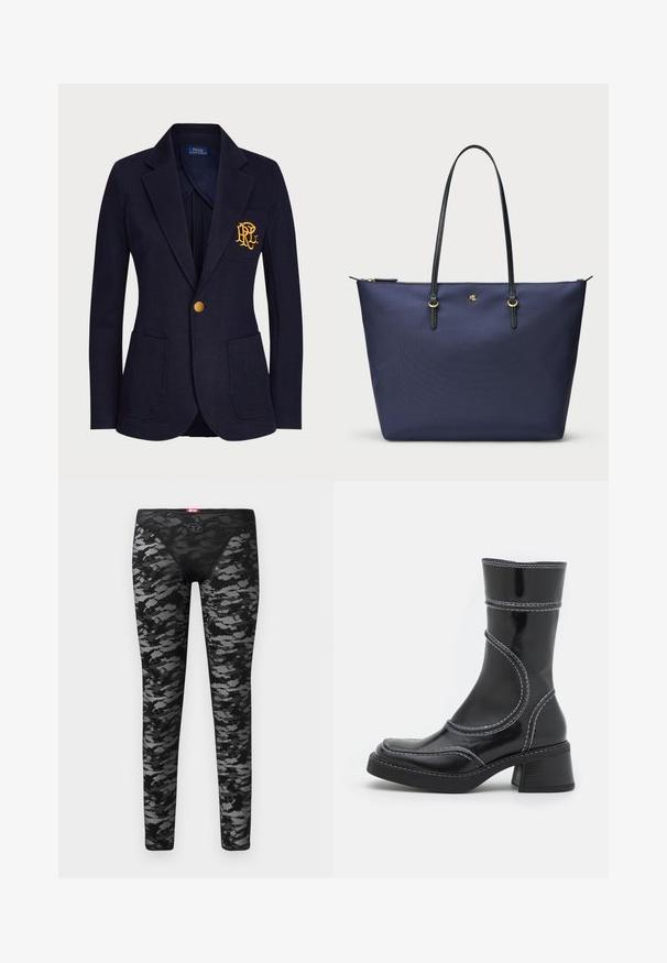 Navy blejzr vyrobený z texturované tkaniny má zlatý knoflík a vyšitý logo na náprsní kapse. Obsahuje dvě přední kapsy.; Černý dlouhý rukáv top vyrobený z jemné, pružné látky. Má zúžené detaily po stranách a kulatý výstřih.; Černé legíny s texturovanou krajkovou vrstvou, která má šedý maskáčový vzor. Elastický pas s drobným logem vpředu.; Černé lakované kotníkové boty s bílým prošíváním, kulatou špičkou a blokovým podpatkem. Charakteryzují se zakřivenými designovými liniemi a hladkým povrchem.; Námořnická modrá taška přes rameno vyrobená z texturované látky, s černými koženými uchy a zlatými kovovými detaily. Zipové uzavření nahoře.