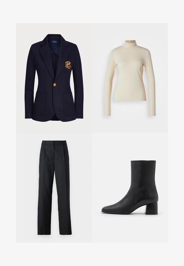 Mėlynas bleiseris, pagamintas iš tekstūruotos medžiagos, turi auksinį mygtuką ir išsiuvinėtą logotipą krūtinės kišenėje. Įrengtos dvi priekinės kišenės.; Kreminės spalvos ilgomis rankovėmis esančios polo tipo palaidinės, pagamintos iš glotnaus, tamprus audinys; prigludęs dizainas su aukštu kaklu ir be matomų raštų ar akcentų.; Ruošinės juodos kelnės su smulkiomis juostelėmis, tiesaus kirpimo, su prispaustomis raukšlėmis ir tradiciniu juosmeniu. Lygi audinio tekstūra.; Juodas odinis kulkšninis botas su smailiu pirštu ir masyviu kvadratiniu kulnu. Lygus paviršius be siūlių ir minimalizmu išsiskiriantis dizainas.